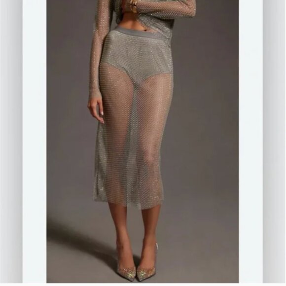 Anthropologie Dresses & Skirts - Anthropologie Sunday in Brooklyn Sequin Mesh Midi Silver Sparkling Skirt size M